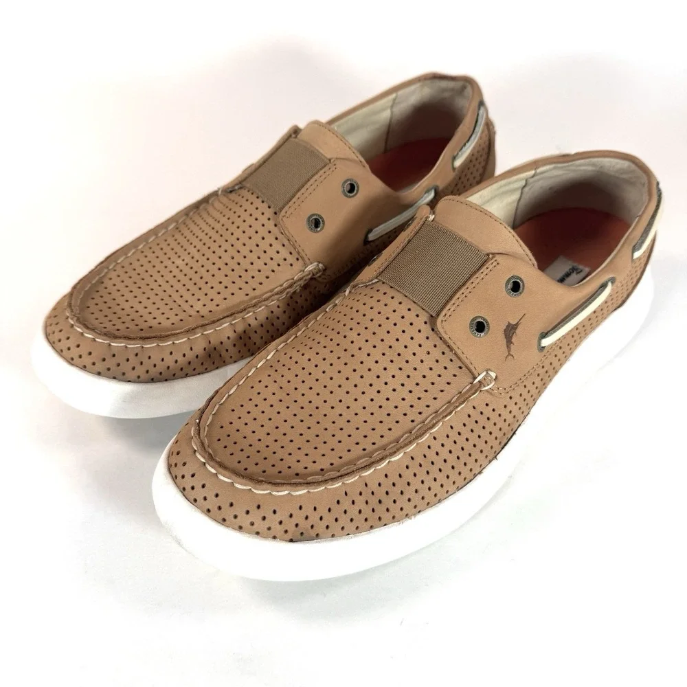 Tommy Bahama Aeonian Perf Boat Shoes Mens‎ 10 Tan Leather Slip On Casual